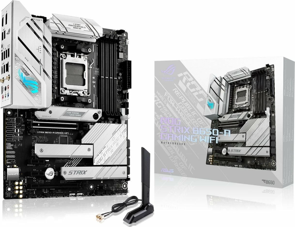 Pllakë amë Asus ROG Strix B650-A Gaming WiFi, ATX, DDR5, Wi‑Fi 6E, 128GB RAM max, bardhë/zezë, me antenë WiFi