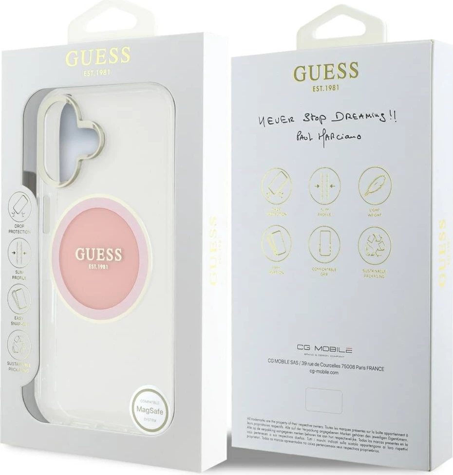 Mbështjellës Guess IML Metal Colored Circle Classic Logo MagSafe për iPhone 16, Rozë