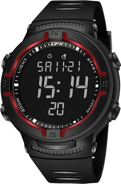 Orë sportive TPW me ekran dixhital të zi dhe detaje të kuqe OSZK