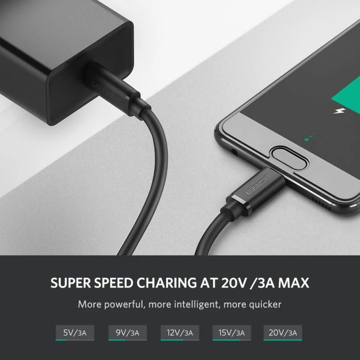 Kabl USB-C UGREEN 50997, USB 2.0, 1m, PD 60W, 3A, USB-C në USB-C, e zezë, polybag