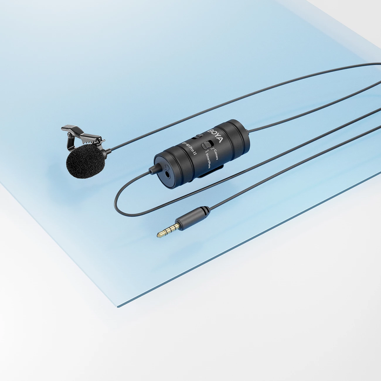 Mikrofon lavalier i lidhur BOYA BY-M1 Pro II, 3.5mm TRRS, kabllo 6 m, me monitorim, i zi, set me klip dhe mbrojtës ere
