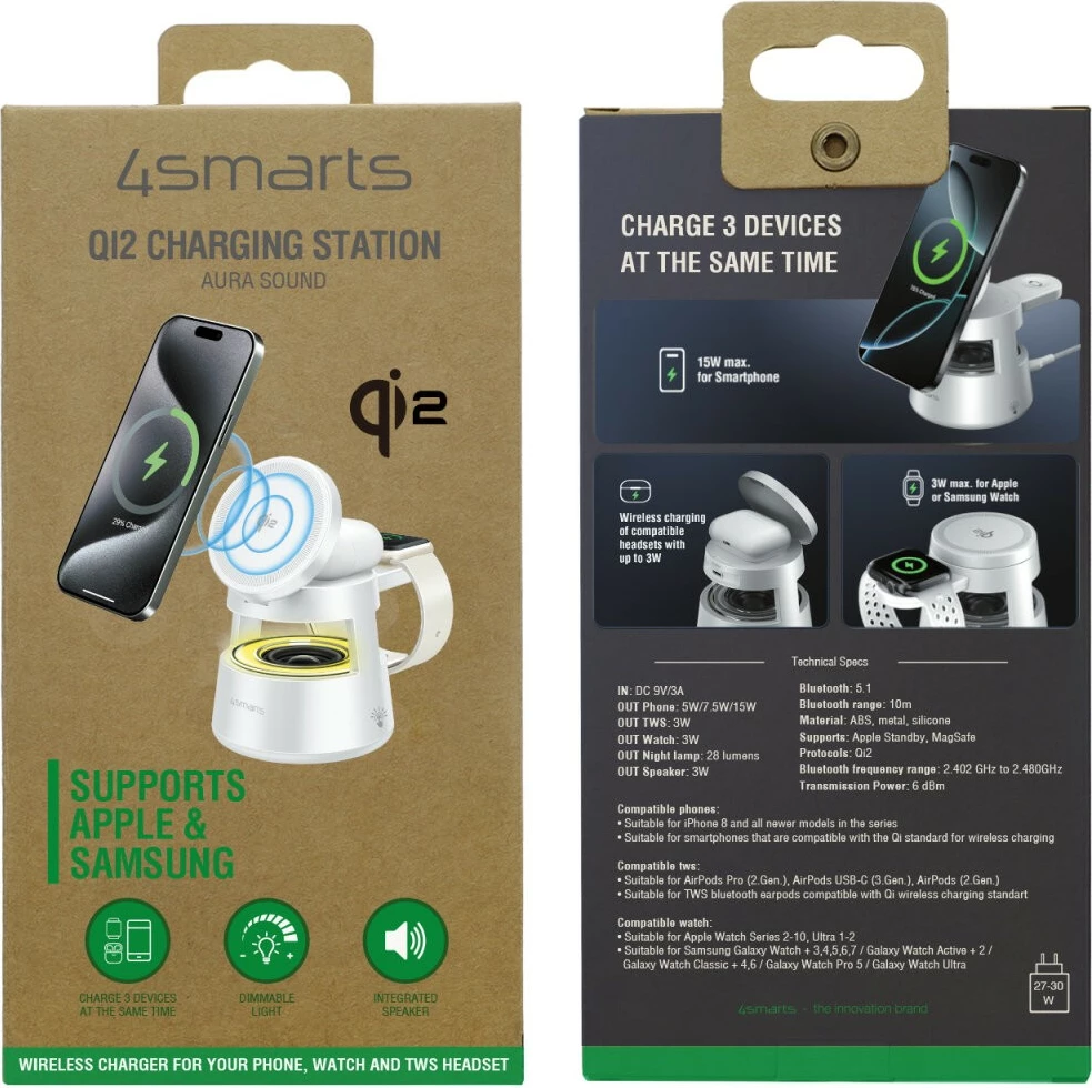 Karikues wireless me altoparlant 4smarts Aura Sound, Qi2, Bluetooth 5.1, 15W, i bardhë