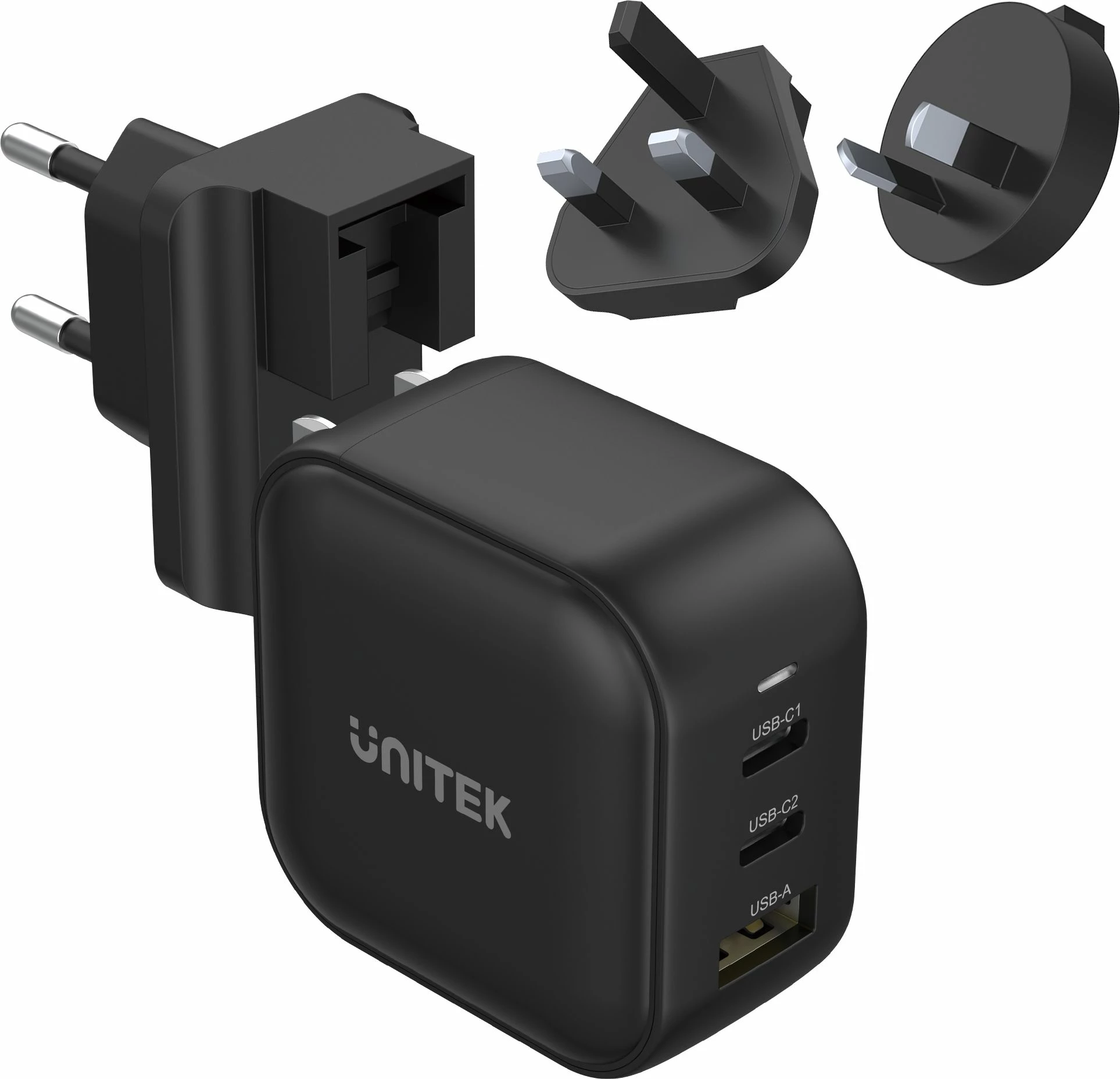 Karikues udhëtimi Unitek P1108ABK 66W 2x USB-C 1x USB-A Quick Charge/PD, i zi, set me adaptorë EU/UK/AUS