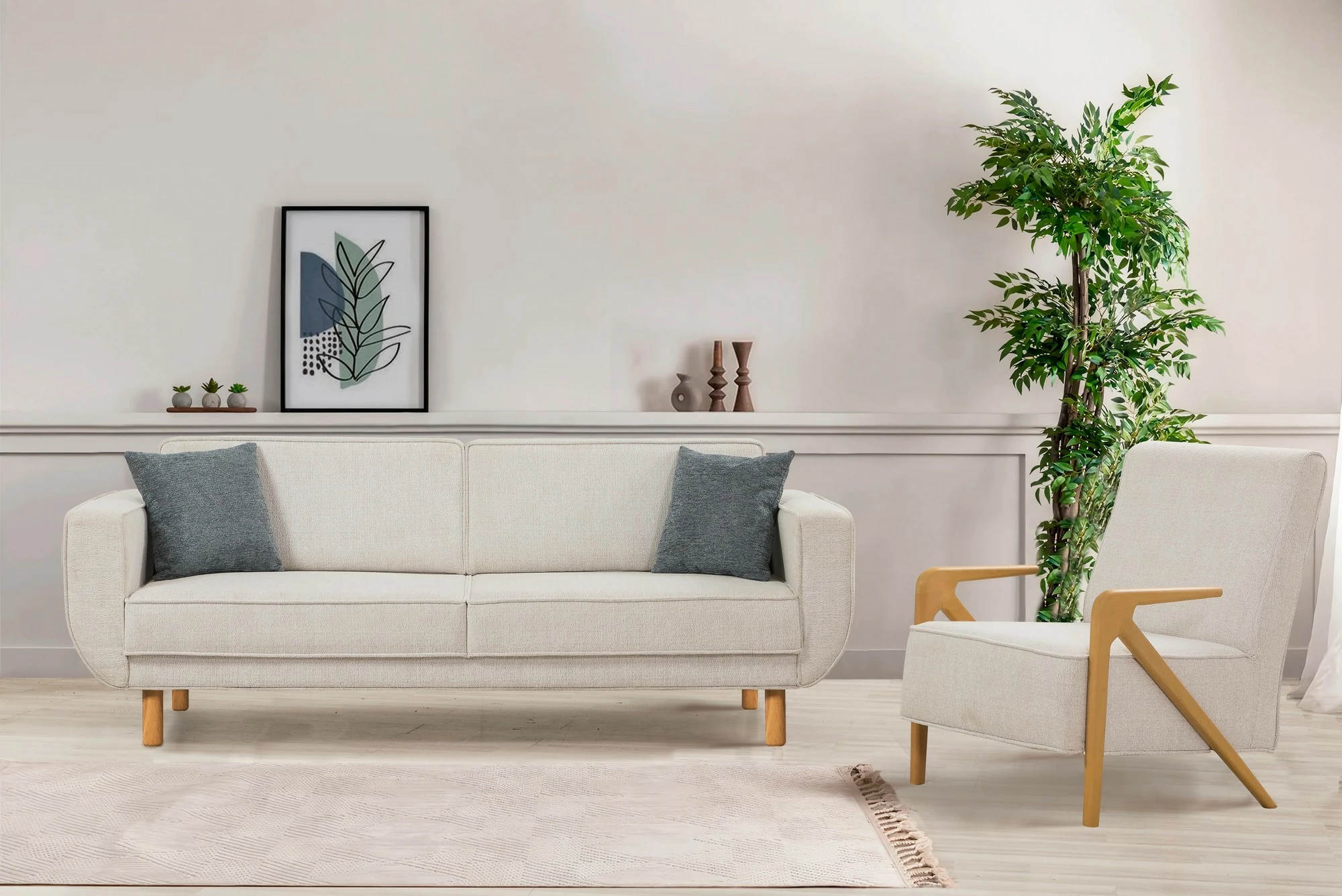 Set divan-krevat Atelier del Sofa, Larus Wood, ngjyrë lisi dhe krem