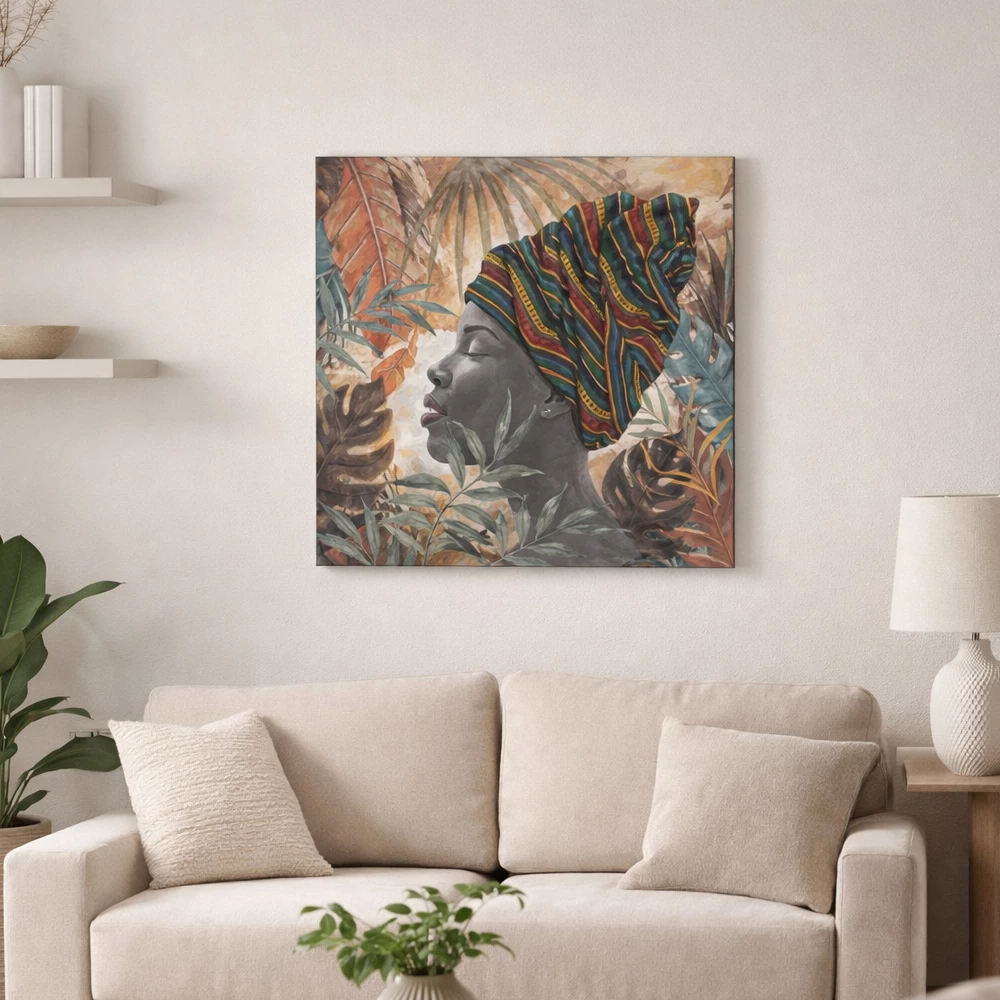 Pikturë dekorative Jungle Lady, shumëngjyrëshe, kanavacë, dru, 80x80x4cm