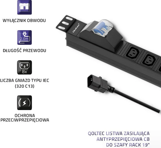 Kasë prizash Qoltec 53999, 8x IEC C13, 1U, 2m, e zezë