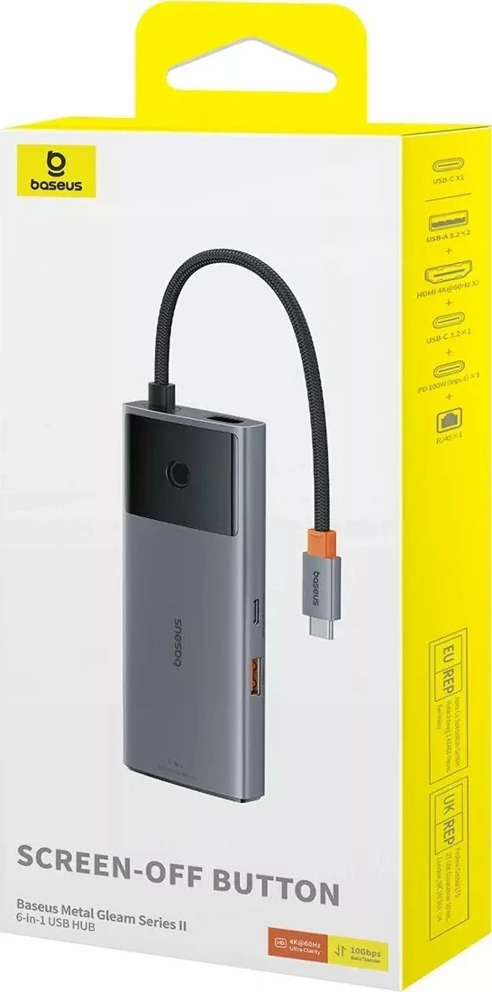 Hub USB Baseus Metal Gleam Series II 6-në-1 USB-C, HDMI 4K@60Hz, RJ-45 1Gbps, USB-C PD 100W, 2x USB-A 3.2 Gen2 10Gbps, gri