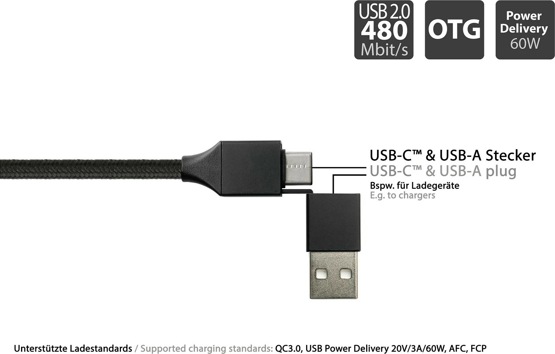 Kabllo USB-A në USB-C PYTHON Series, USB 2.0, QC 3.0, PD 60W, 1m, e zezë
