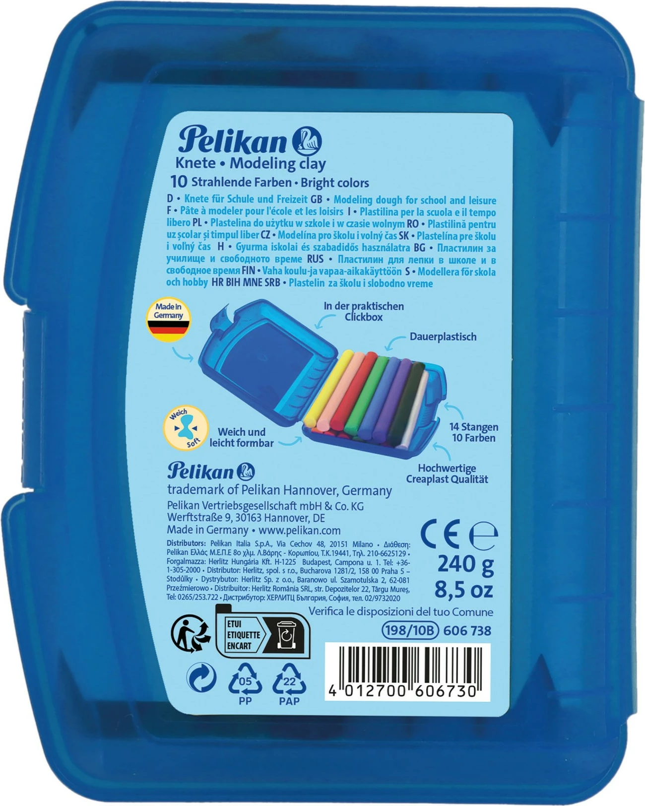 Modelim plastelinë Pelikan Creaplast, 14 copë, 10 ngjyra, multikolor