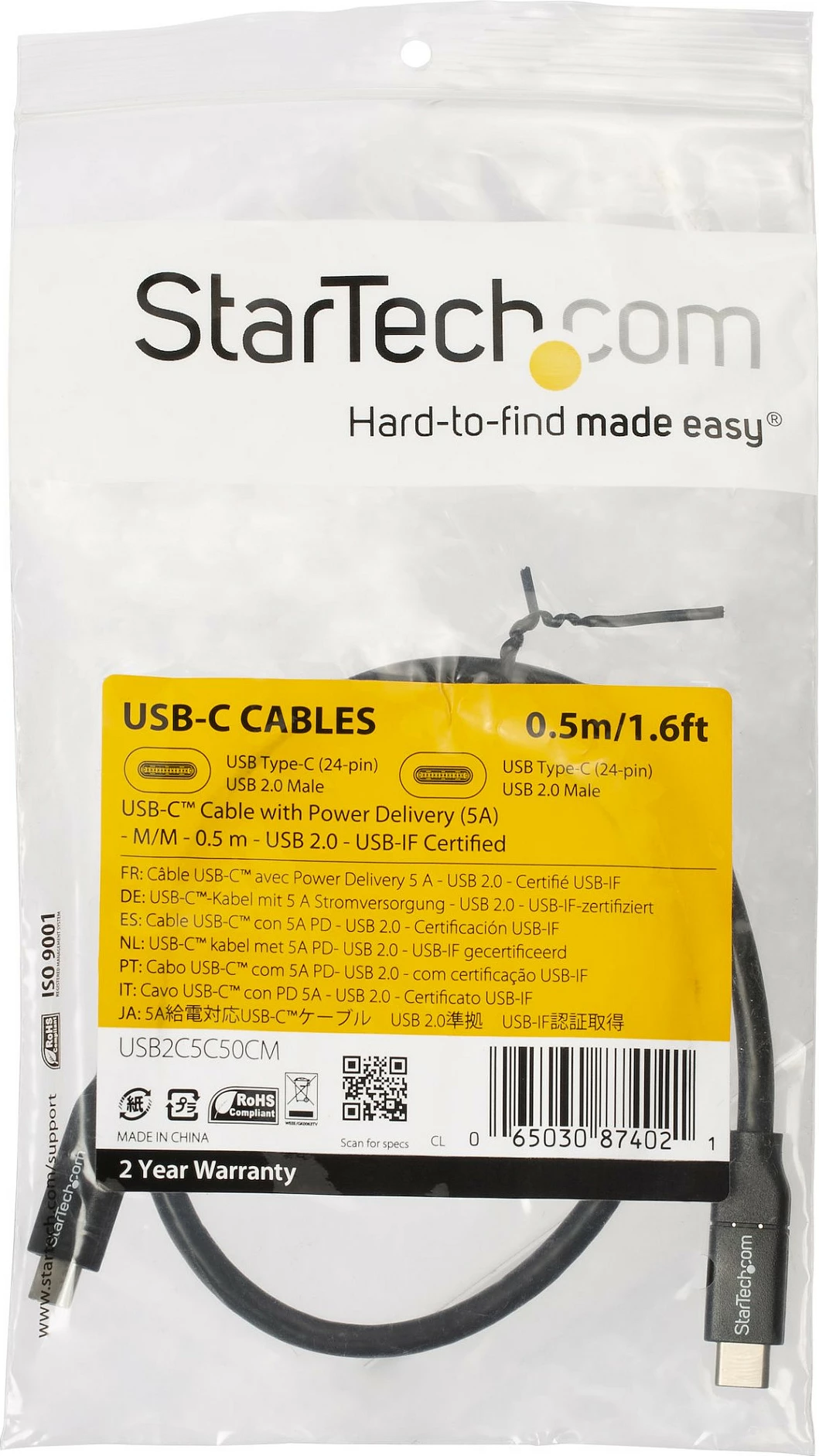 Kabllo USB-C StarTech, 0.5m, PD 100W, 5A, USB 2.0, e zezë