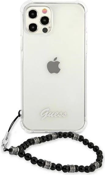 Mbështjellës Guess GUHCP12LKPSBK për iPhone 12 Pro Max 6.7", Transparent, me varëse Black Pearl