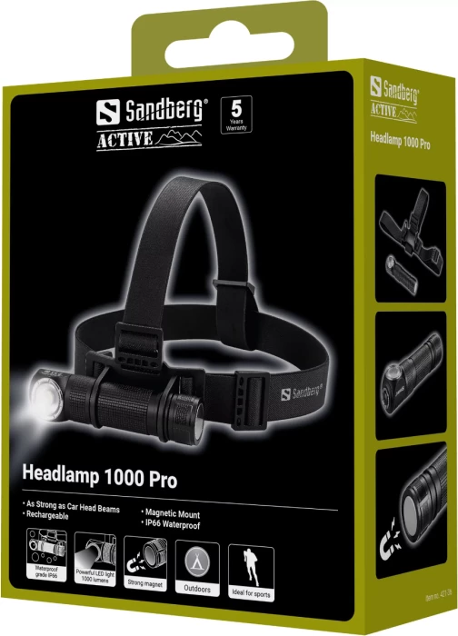 Llambë koke Sandberg Headlamp 1000 Pro 1000 lm, USB-C, IP66, 2000 mAh, e zezë