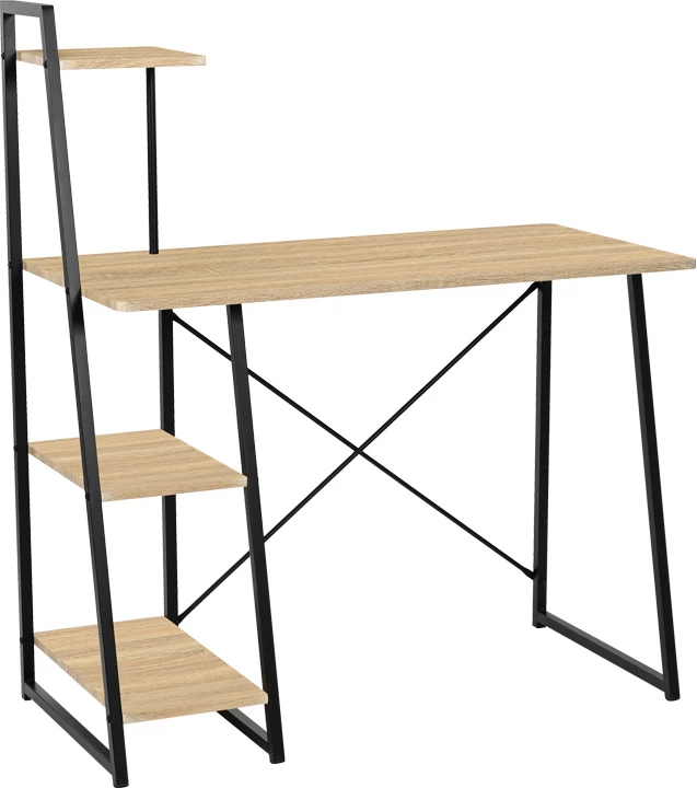 Tavolinë pune me rafte Deckstor, ngjyrë lisi-me këmbë metalike të zeza, 102x50x117cm