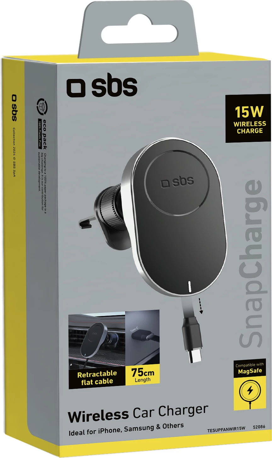 Mbajtës magnetik me karikues wireless SBS TESUPP15WRETRACABL për celular, 15W, MagSafe, i zi