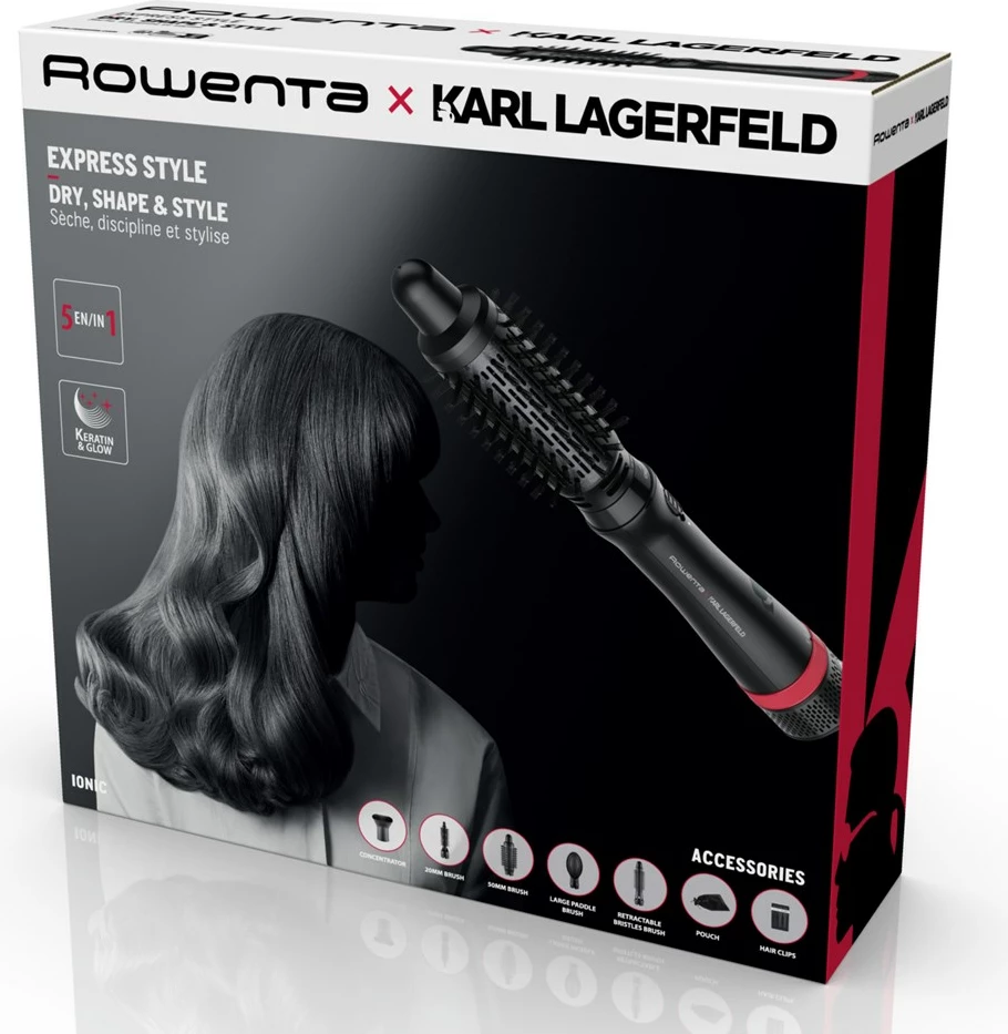 Furçë me ajër të nxehtë Rowenta CF634L, 800 W, 5 aksesorë, e zezë/kuqe