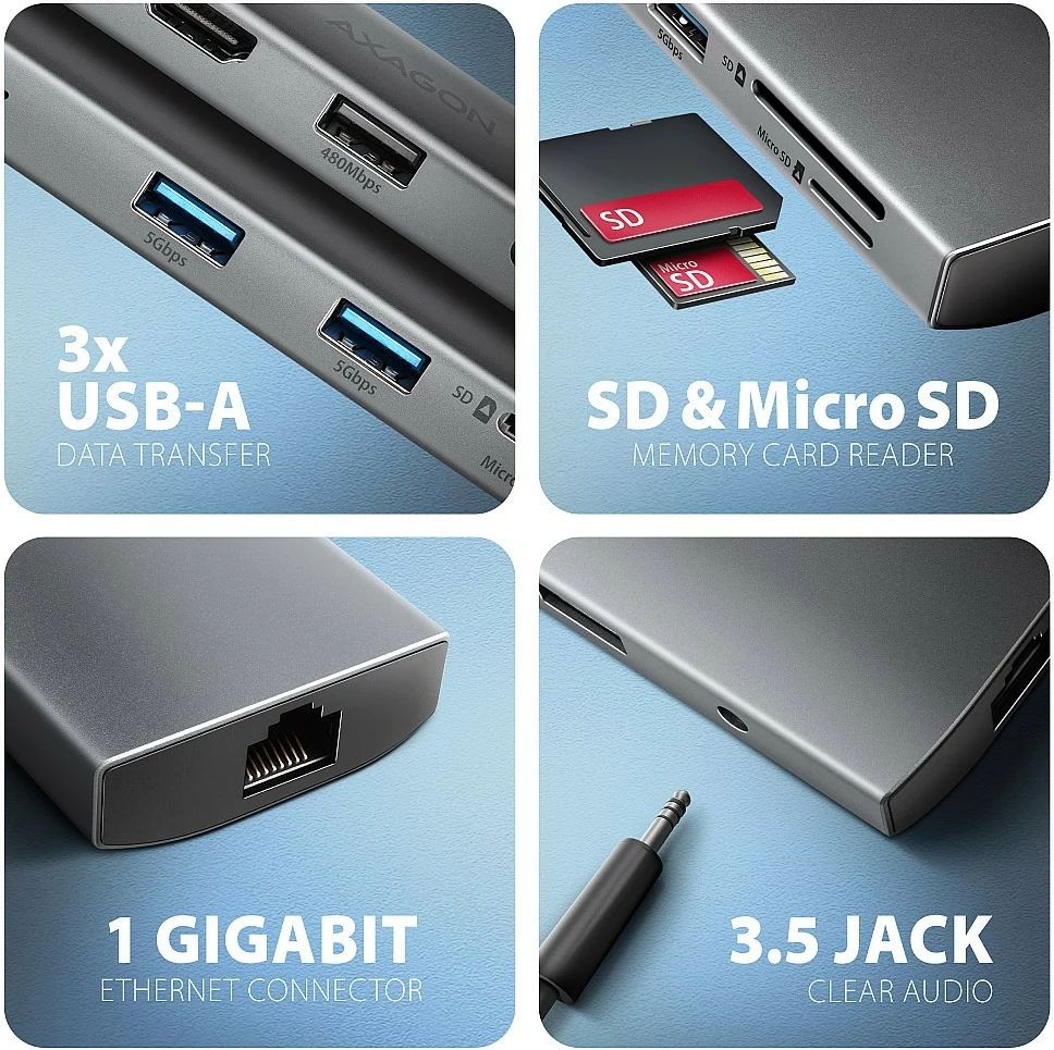 Hub multiport AXAGON HMC-8HLSA, 9-në-1, USB-C, HDMI 4K, 3x USB-A, SD/microSD, GLAN, Audio, PD 100W, 20cm, Gri
