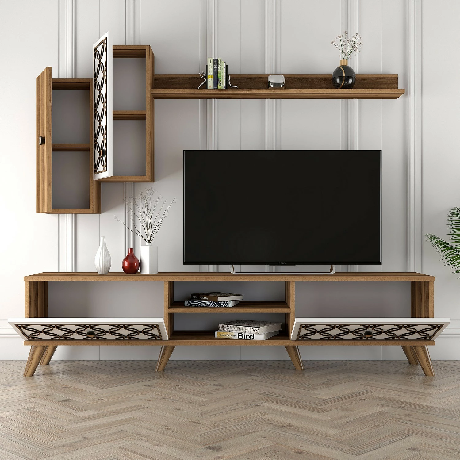 Komodë TV Hanah Home, Class S, ngjyrë arre dhe e bardhë