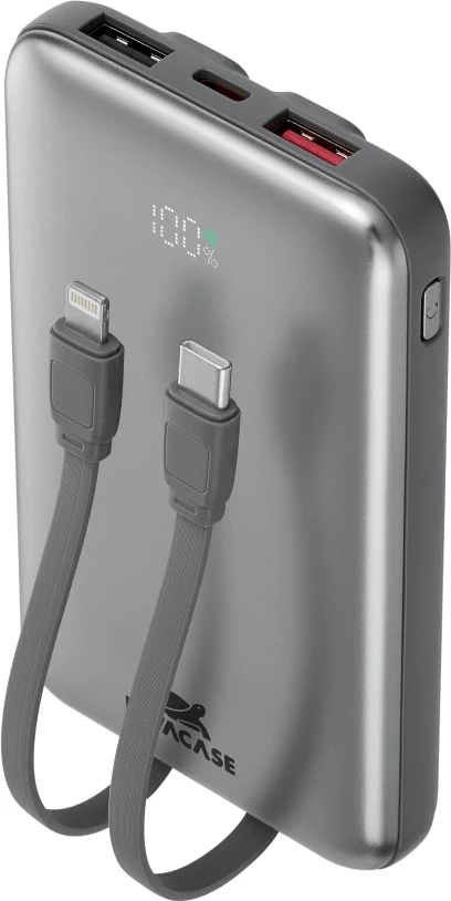 Power bank RIVACASE VA2611 10,000 mAh 30W, LCD, kabllo Type-C + Lightning, gri