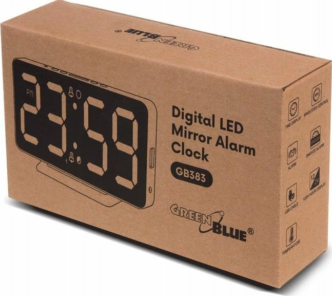 Orë alarmi digjitale LED GreenBlue GB383 me termometër, USB, 15x7.5 cm, e bardhë