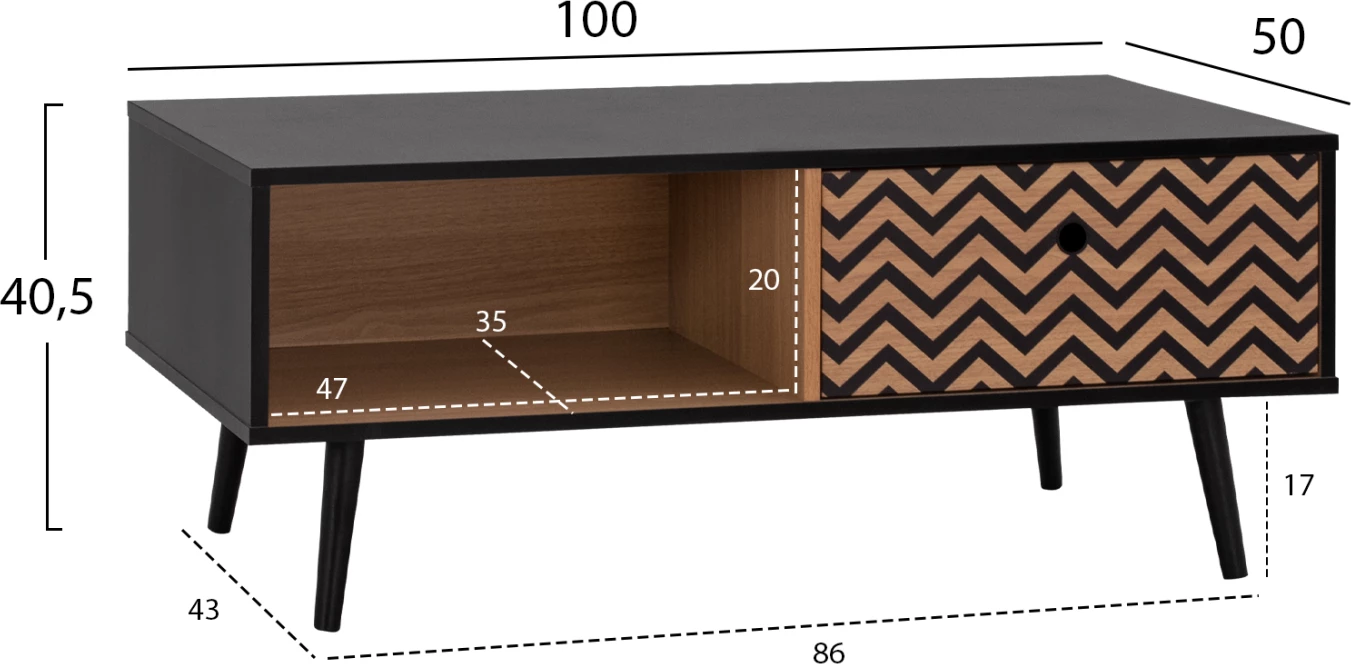 Tavolinë lounge Charleen FH8668 e zezë me natyrale 100x50x40,5 cm