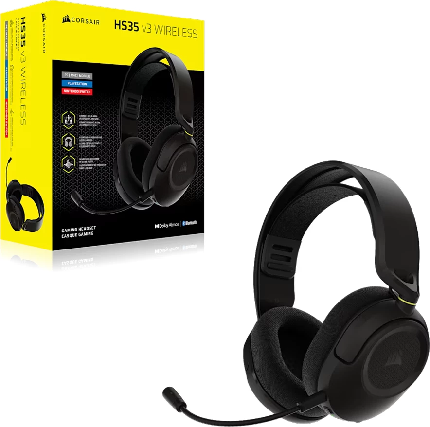 Kufje gaming CORSAIR HS35 V3 Wireless, over-ear, Dolby Atmos, 30 orë bateri, mikrofon i heqshëm, të zeza