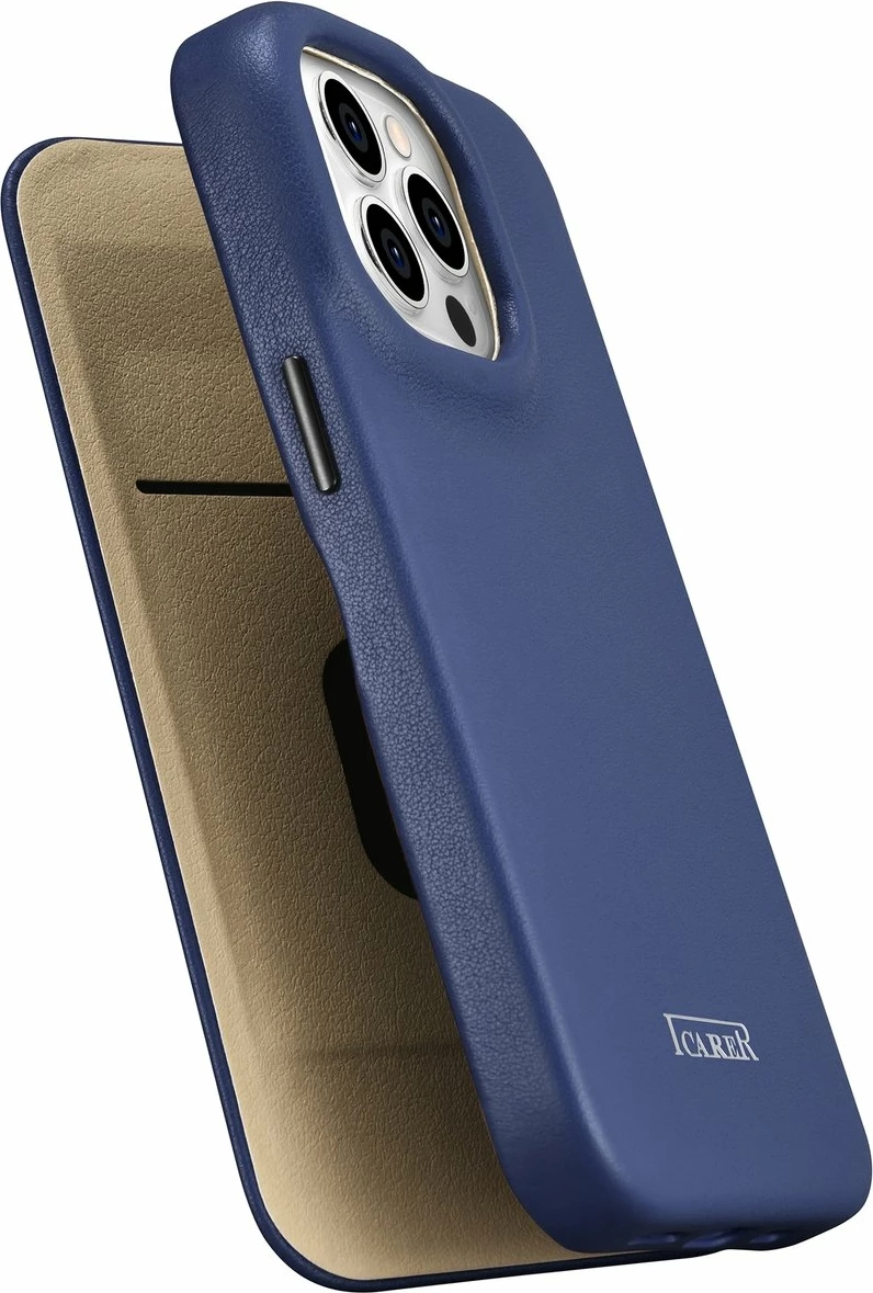 Mbështjellës iCarer CE Premium lëkurë folio për iPhone 14 Pro, MagSafe, Blu