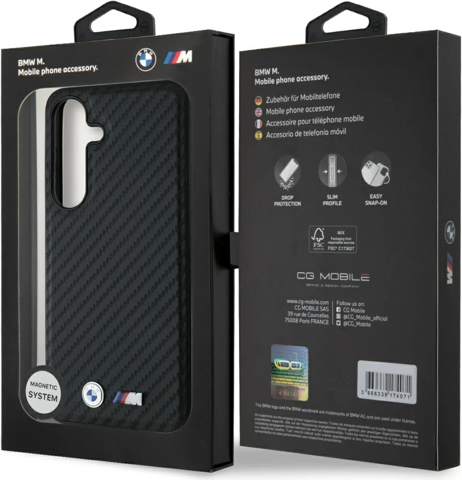 Mbështjellës BMW Leather Carbon MagSafe për Samsung Galaxy S25, i zi