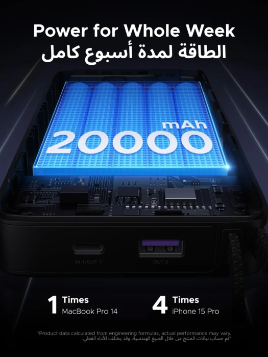 Powerbank UGREEN Nexode 55996B 20000mAh 67W me kabllo USB-C të integruar, gri, set 2 copë