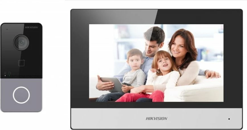 Set video interfon IP PoE Hikvision DS-KIS603-P(B) me panel dere DS-KV6113-WPE1 dhe monitor DS-KH6320-WTE1, 1080p, WiFi, IP65, argjendtë, me furnizues rryme