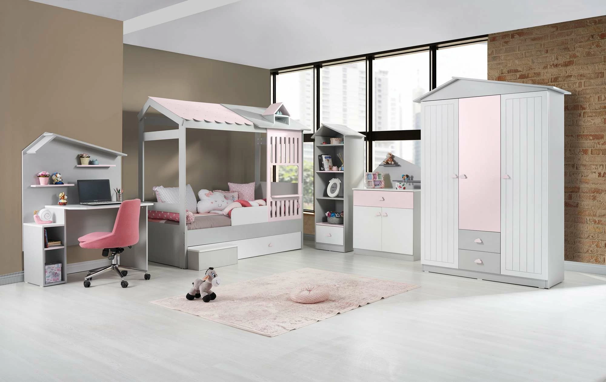 Krevat shtëpi për fëmijë, ngjyrë rozë dhe gri, Skye Decor, Ayder