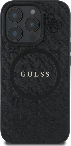 Mbështjellës Guess Saffiano Peony Classic Logo MagSafe për iPhone 16 Pro, e zezë