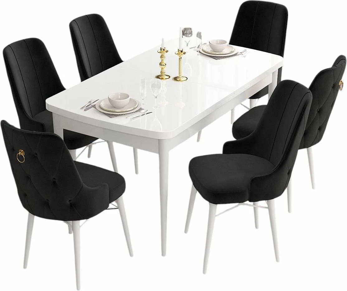 Set tavoline me karrige për ngrënie, zgjatës, 7 pjesë, Skye Decor, e bardhë, e zezë