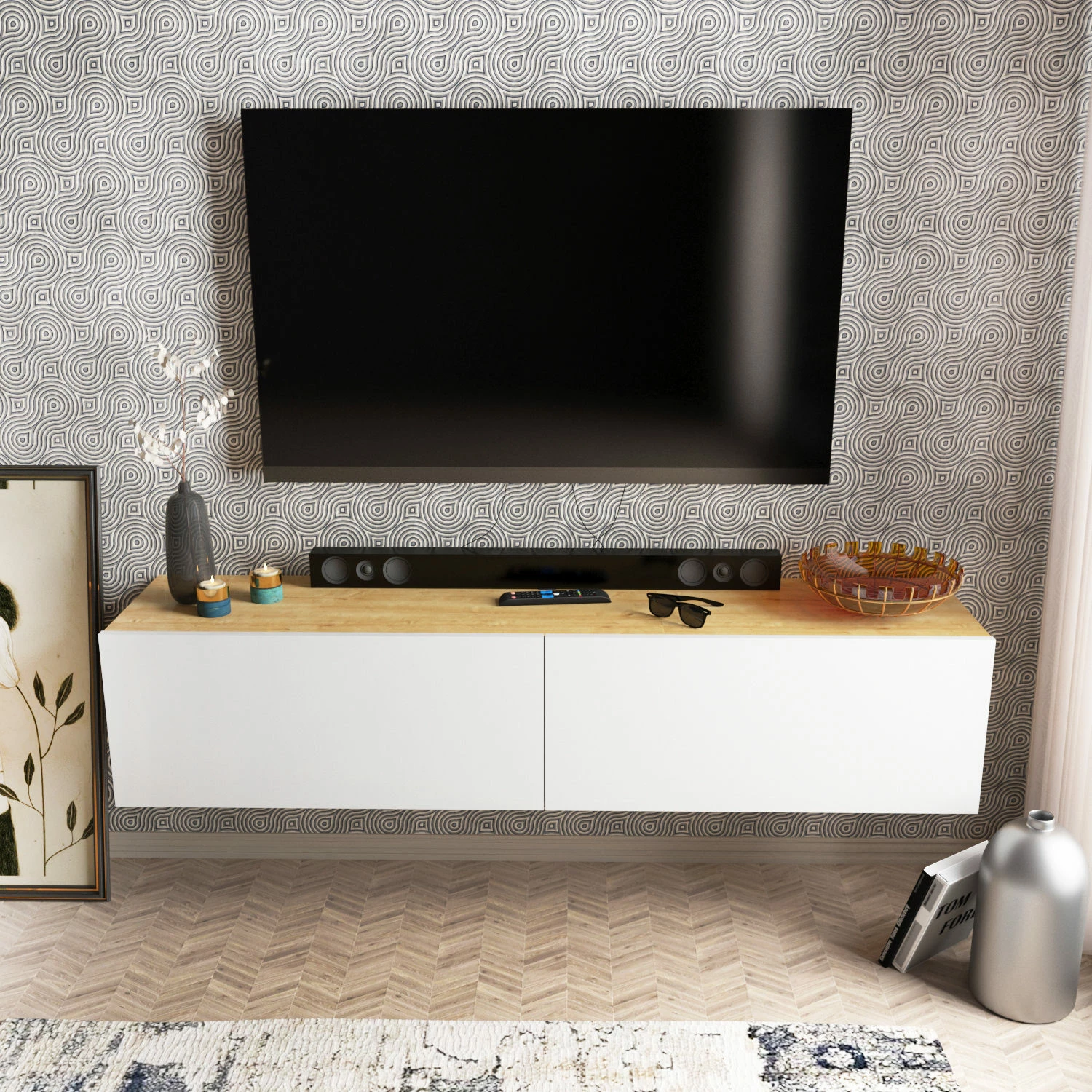 Komodë TV Hanah Home, ngjyrë e bardhë dhe arre, Poling
