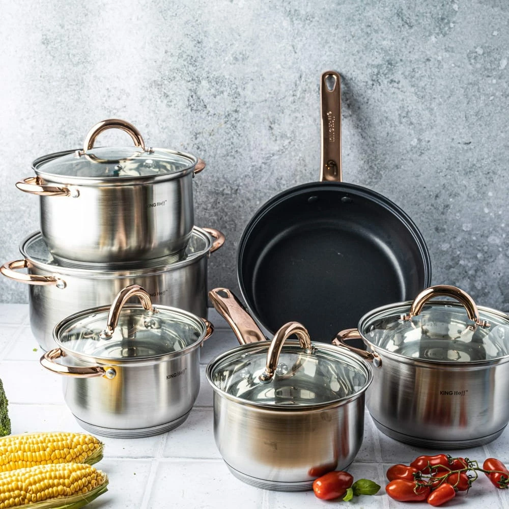 Set tenxheresh dhe tigan inox KingHoff KH 1768, 12 copë, për induksion, kapakë xhami, argjend me aksente rozë-ari