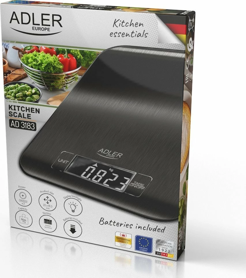 Peshore kuzhine elektronike Adler AD 3183, 5 kg / 1 g, e zezë, me 2x CR2032