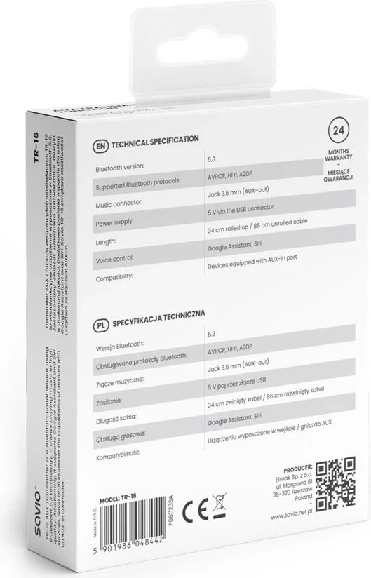 Adapter Transmetues Savio TR-16, me funksion pa duar, Bluetooth 5.3, ndihmës Google/Siri