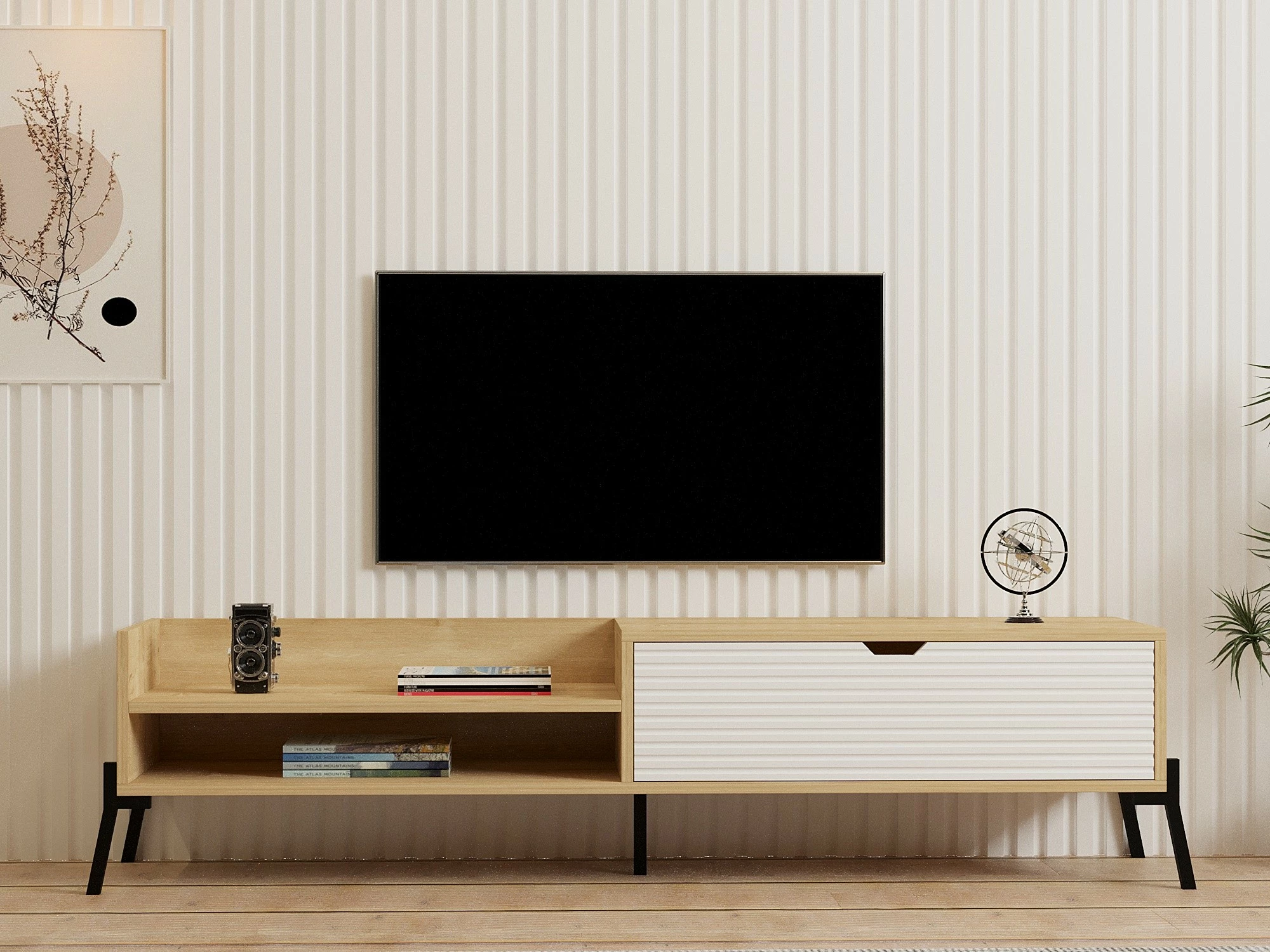 Komodë TV Skye Decor, ngjyrë lisi Sapphire, e bardhë