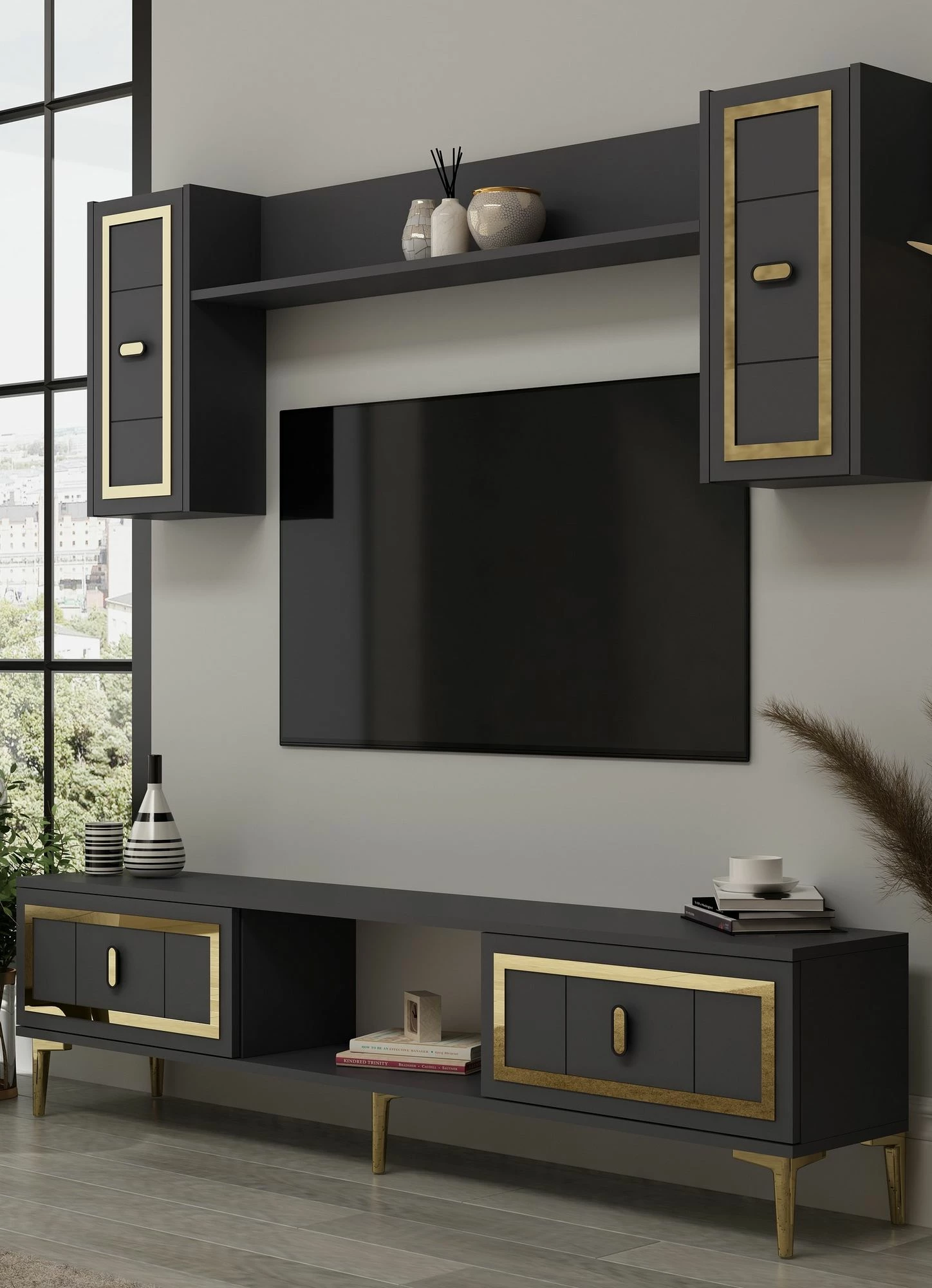 Komodë TV Skye Decor, ngjyrë antracit, ar