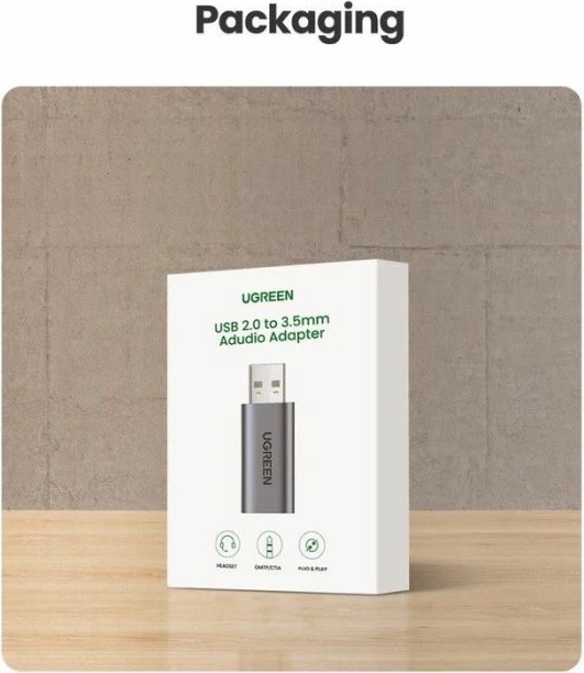 Adapter audio USB UGREEN 80864, USB 2.0 në 3.5mm TRRS (dëgjim + mikrofon), ALC4030, argjendtë