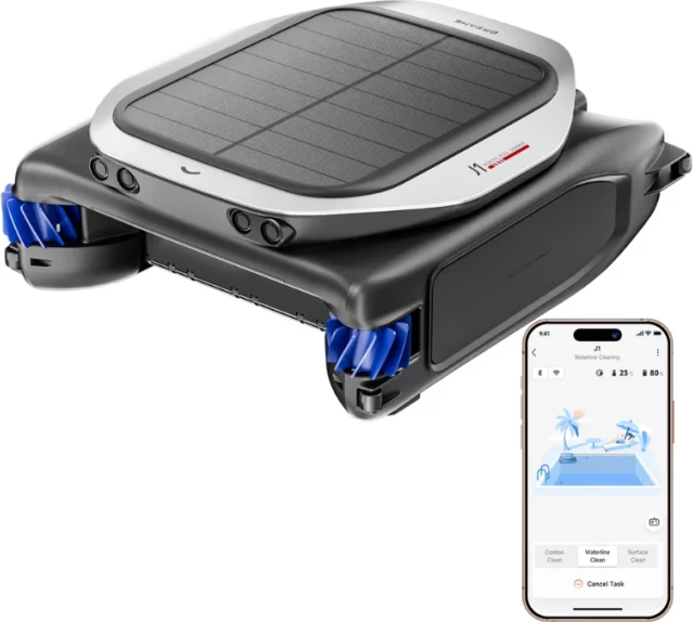 Robot skimmer për pishinë Dreame J1, panel solar 18 W, bateri 5000 mAh, filtrimi 200 μm, rezervuar 5 L