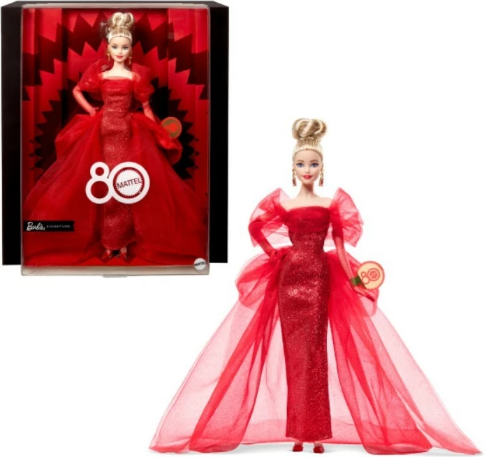 Kukull koleksionuese Barbie Signature Mattel JBJ17, 80 vjetori, 33 cm, e kuqe