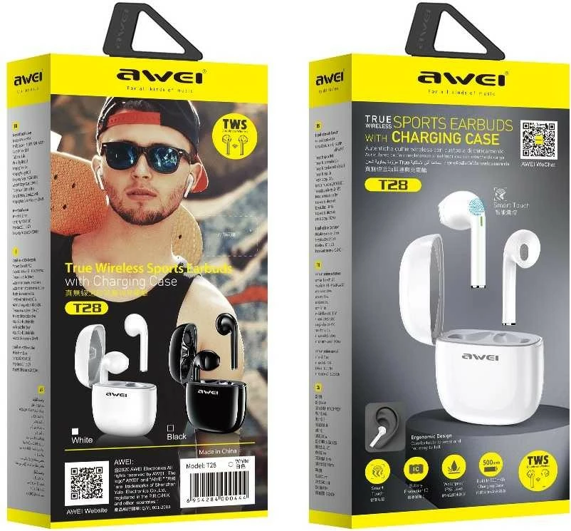 Kufje Bluetooth AWEI T28 TWS me stacion karikimi, të bardha