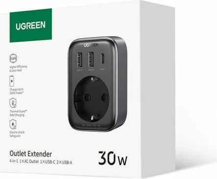 prizë muri USB 4-në-1 UGREEN Nexode 90613 30W PD/QC 2x USB-A + 1x USB-C + prizë Schuko, gri e errët