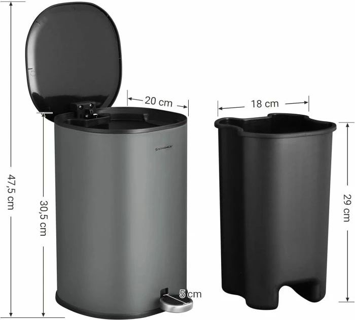 Kosh mbeturinash me pedal SONGMICS LTB14GS 5 L, çelik inox, me enë të brendshme, gri/zi