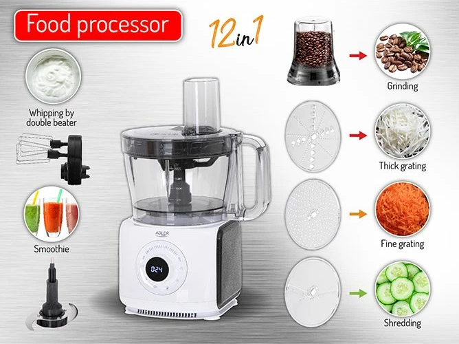 Robot kuzhine Adler AD4224 12në1 1000W me ekran LCD, enë 3.5L/2.0L, bardhë/zi