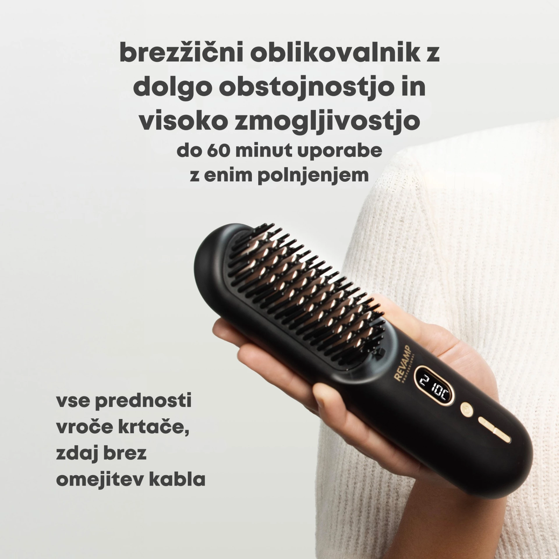 Brushë e nxehtë pa kabllo Revamp Straight & Go BR-1950, jonike, 120–210°C, LCD, e zezë, me çantë udhëtimi + kabllo USB-C
