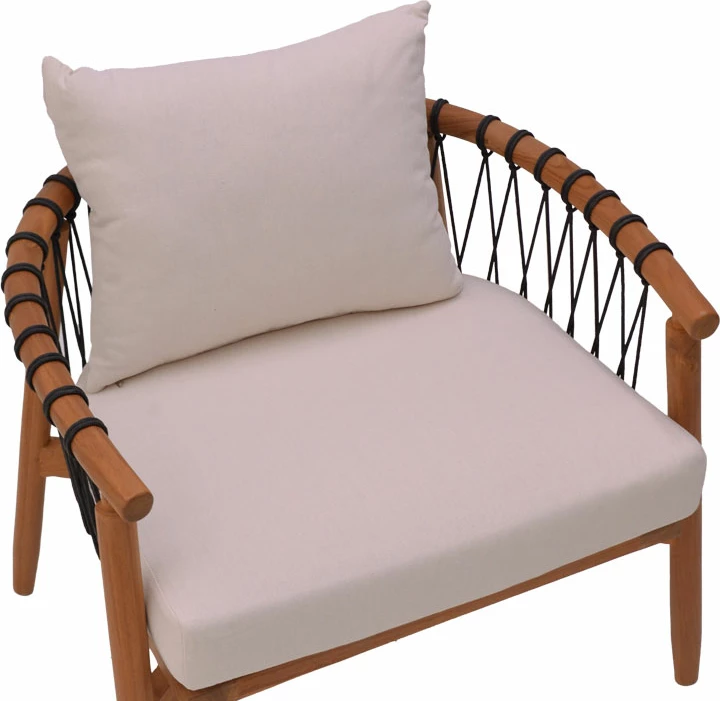 Karrige për kopsht Haibo dru teak natyral-litar i zi-jastëk i bardhë 80x75x72cm