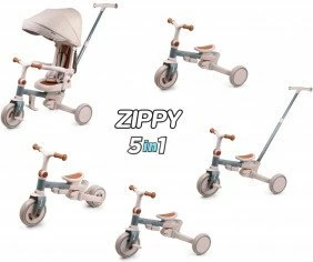 Tricikël fëmijësh Milly Mally Zippy, 12+ muaj, 25 kg max, ulëse rrotulluese 180°, rrota shkumë, kornizë çeliku, me tendë dhe shtytës prindi, Blu