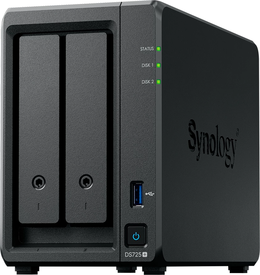 NAS Synology DS725+ 2-bay 3.5\"/2.5\" SATA, 2x M.2 NVMe, Ryzen R1600, 4GB DDR4 ECC, 2.5GbE, i zi