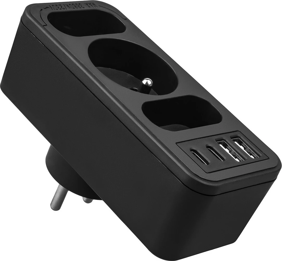 Shpërndarës prizash, Maclean MCE248 F/B, 3 dalje (2 të sheshta + 1 me tokëzim), 2x USB-A + 2x USB-C PD 20W, zi